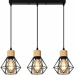 Suspension Luminaire Noir et Bois, Lustre Salon Industriel Metal 3 Lampe E27